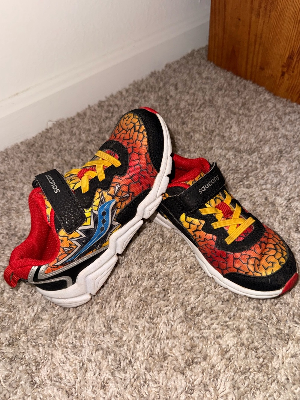 Saucony Kids Red, Black & Yellow Sneakers with Graphic Flame Design